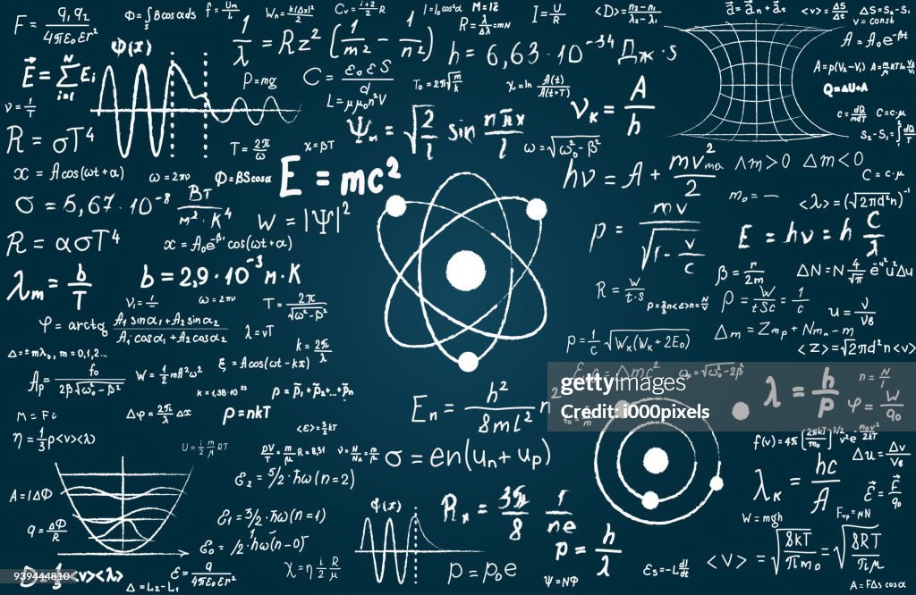Blackboard inscribed with scientific formulas and calculations in physics and mathematics. Can illustrate scientific topics to quantum mechanics and any scientific